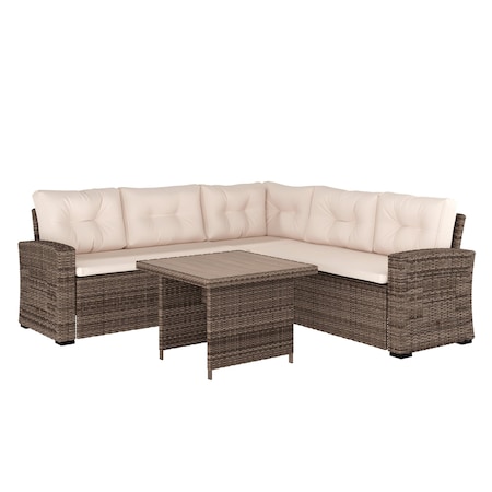 Flash Furniture Huck Wicker Rattan Conversation Set, L-Shaped Sofa w/Table, Wthr Resistant Cushions, Beige/Brown LTS-SET-02023-BG-BR-GG